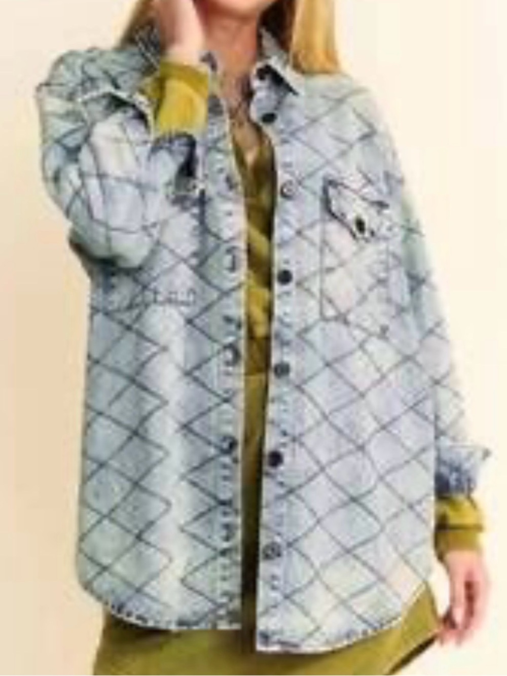Quilted Shacket Jacket Light Wash Denim Blue Oversized Jean Button Front Large